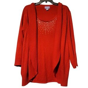Laura Scott Red Lagenlook Sweater 3x Rhinestone Sparkle Soft Cardigan 3/4 Sleeve